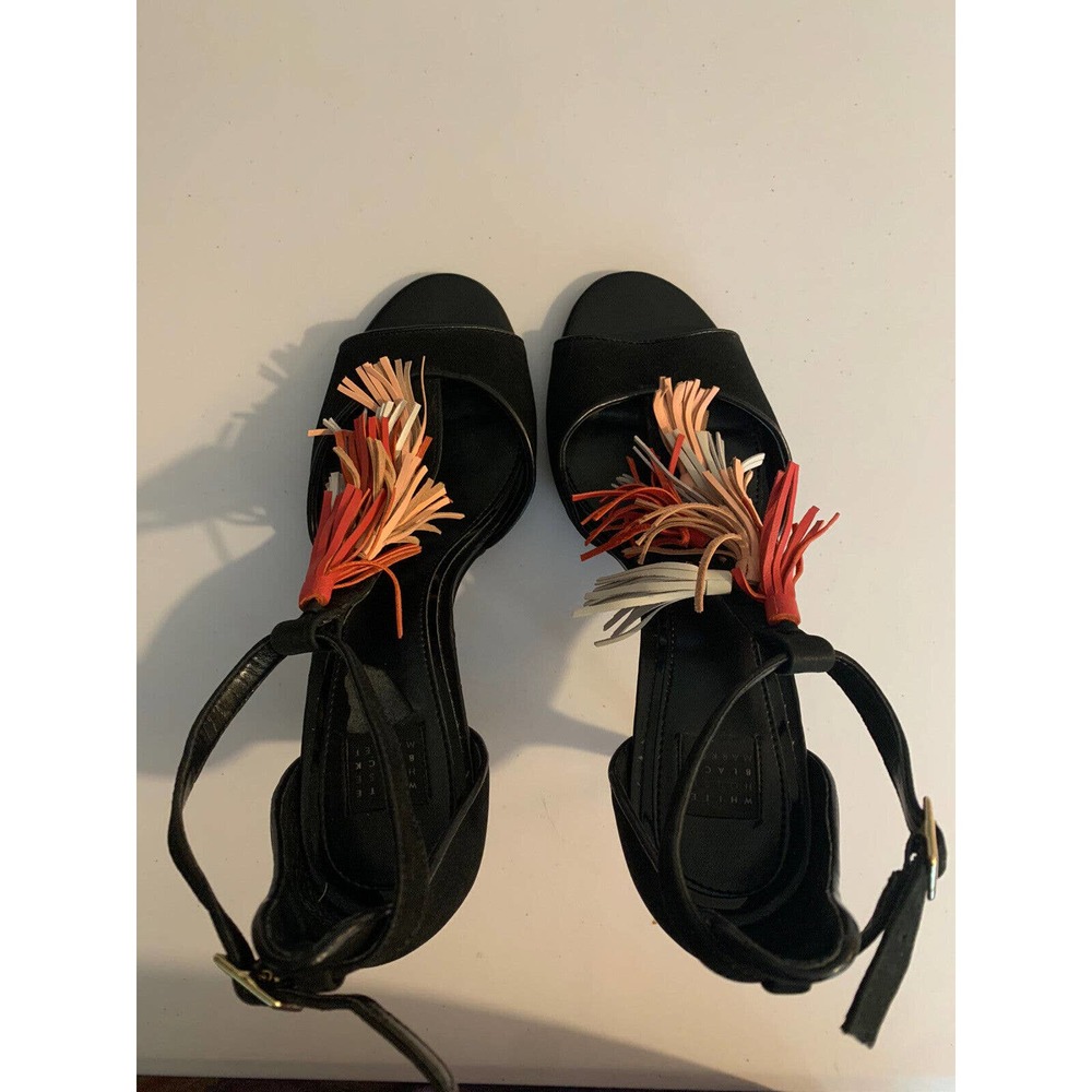 WHITE HOUSE BLACK MARKET Women’s Black White Pink Tassel Open Toe Heels Size 9M